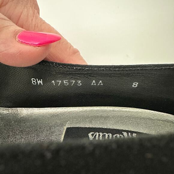 Vintage 80s/90s Stuart Weitzman for Neiman Marcus Black Satin Rhinestone Heels 8 - Picture 10 of 13